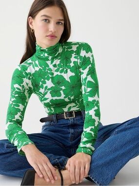 J.CREW Matte Jersey Turtleneck Top in Green Botanical
